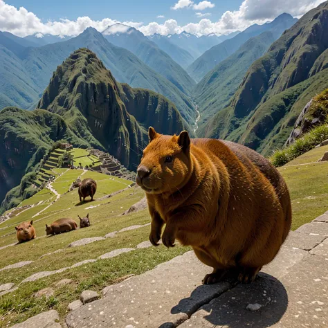 Super hero capybara flying over machu picchu holding a guinea pig