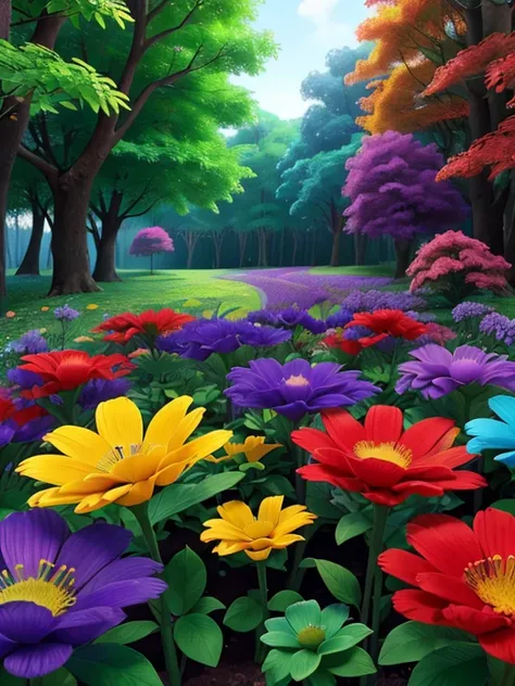 5 emocioncitas 1 de color verde, d color azul, e color rojo, a purple and yellow petal in a magical forest
