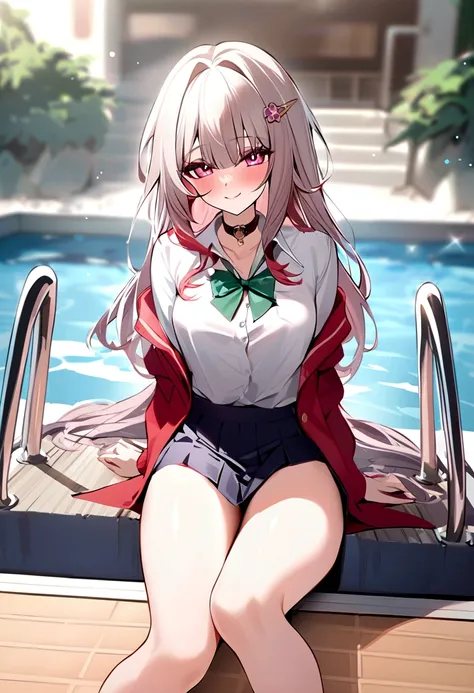 masterpiece, highest quality,One Girl,honkai_(series),shirt, head_ribbon,green_ribbon, Side Lock,With collar_shirt, smile, hair_ornament, hair_intake, honkai:_star_rail, ribbon, Open_Clothes, School_uniform, alone, hairclip,nsfw,Outdoor,Poolside,shirtを脱ぐ,T...