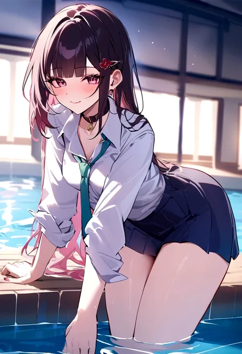 masterpiece, highest quality,One Girl,honkai_(series),shirt, head_ribbon,green_ribbon, Side Lock,With collar_shirt, smile, hair_ornament, hair_intake, honkai:_star_rail, ribbon, Open_Clothes, School_uniform, alone, hairclip,nsfw,Outdoor,Poolside,shirtを脱ぐ,T...