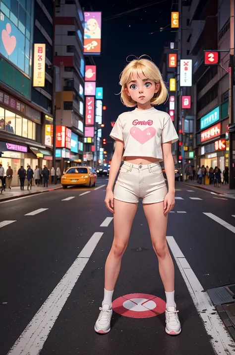 Photorealistic petit blonde Mckenna Grace pretending to be a minimalistic lovebot and undergoing product testing and getting a probing naturally on a busy Tokyo street at night. She is flaunting her features. Full body in unobstructed view.