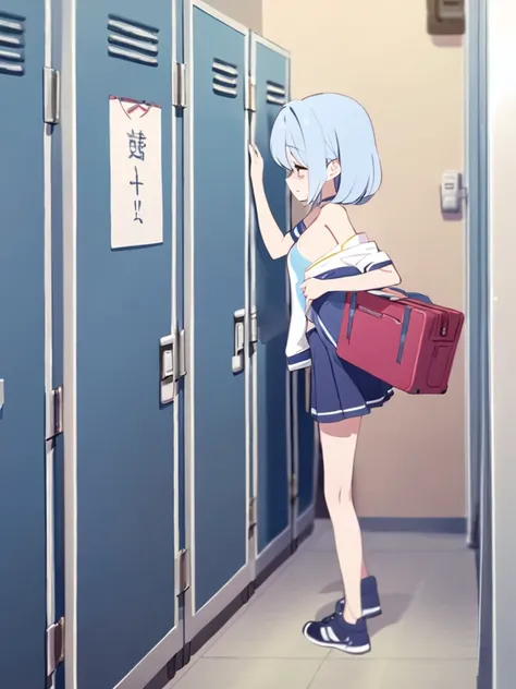 One girl、In the locker room、Blue Hair、Small breasts、Opening a locker with one hand