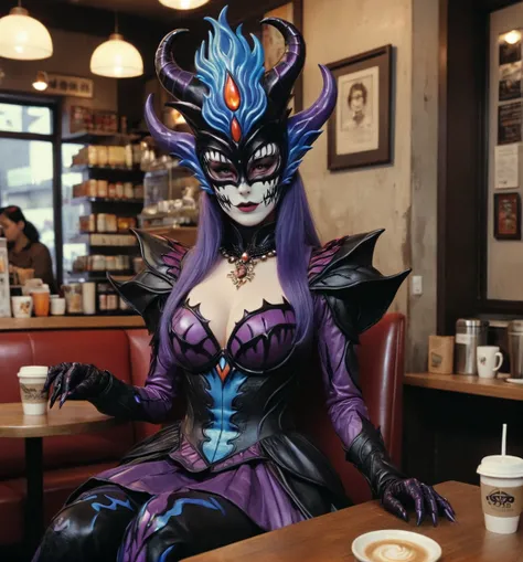 kaijinxl. full body, perfect anatomy. a tall countess, from the side, wearing a black shadows (violet dark flames:1.2) monster themed costume and mysterious blue eyed mask with flames form headgear. emphasized-details, seated on Tokyo coffee shop, gloomy, ...