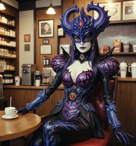 kaijinxl. full body, perfect anatomy. a tall countess, from the side, wearing a black shadows (violet dark flames:1.2) monster themed costume and mysterious blue eyed mask with flames form headgear. emphasized-details, seated on Tokyo coffee shop, gloomy, ...