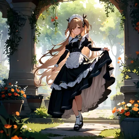 masterpiece, best quality, highres, aayami, very long hair, two side up, hair ornament, maid, maid headdress, smile, garden, skirt hold, standing