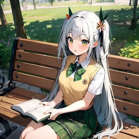 masterpiece, best quality, highres, aayami, very long hair, two side up, hair ornament, , green bowtie, white shirt, sweater vest, yellow vest, short sleeves, plaid skirt, green skirt, outdoors, sitting, bench, book, :o, holding book,