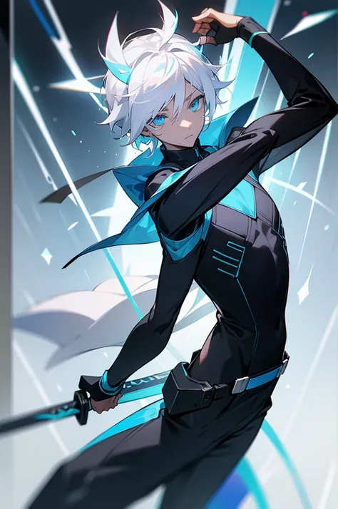 young adult, male, white hair, blue eyes, african american skin color, black jumpsuit, headphones, trion body, sword.