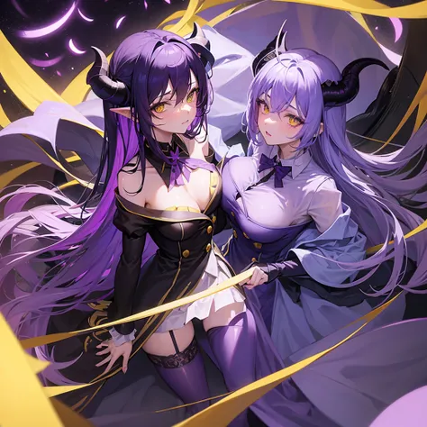 violet themed, demon, violet horns, big breasted, dark violet haired, long haired, dress, yellow eyes, stockings, tail, lustful, full view, yellow colar