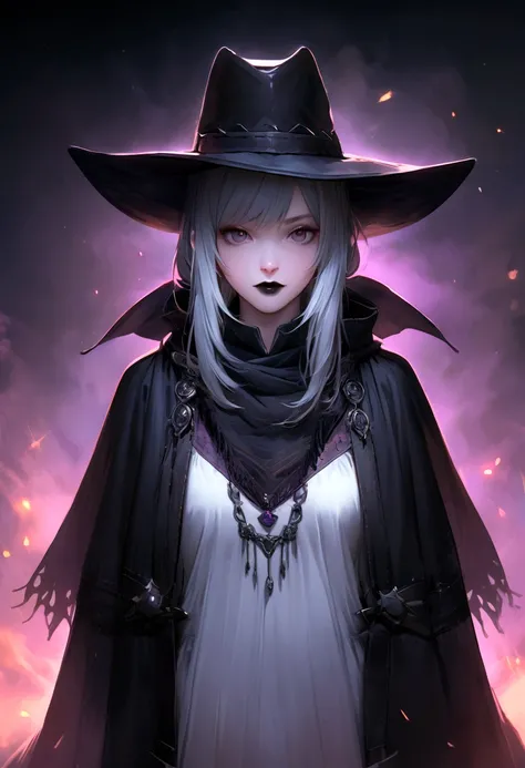 In this prompt, we will generate a detailed image of a girl wearing a poncho with short, silver hair. She has a gothic makeup look, with black lipstick, and is wearing a cowboy hat. She is also wearing a scarf and garami, a traditional Japanese garment. Th...