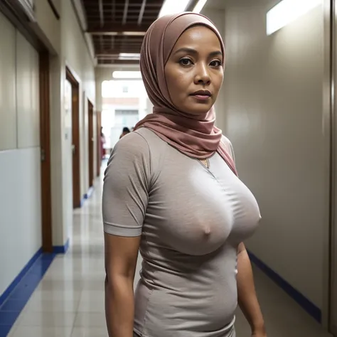 52 years Old, Hijab Indonesian mature woman, Big Tits : 96.9, Long-sleeveles Shirt, Slim body, Breast about To burst out, at School Corridor, Bright light, at Daytime