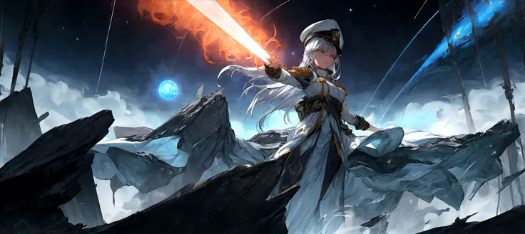 Picture a scene steeped in the depths of space science fiction warfare, where a female commander emerges as the embodiment of resilience and command. Her presence is striking, with white hair that cascades like a cosmic waterfall, tinged with a subtle shad...