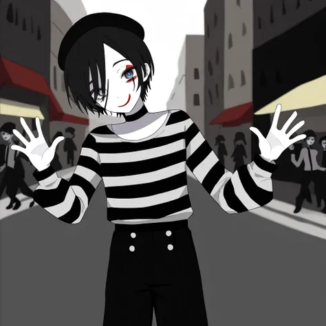 a very happy skinny boy dressed up as a mime, wearing mime makeup, has dark blue eyes, wearing a beret, performing on the streets