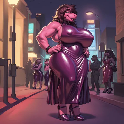 solo, 1girl, susie deltarune, (huge breasts:1.35), (hyper hips), (big bottom lip:1.2), (deep pink lip gloss:1.3), pink leather collar, bimbo, prostitute, eyeshadow, curvy, voluptuous, hourglass figure, long black dress with open thighs, (pink dress:1.3), (...