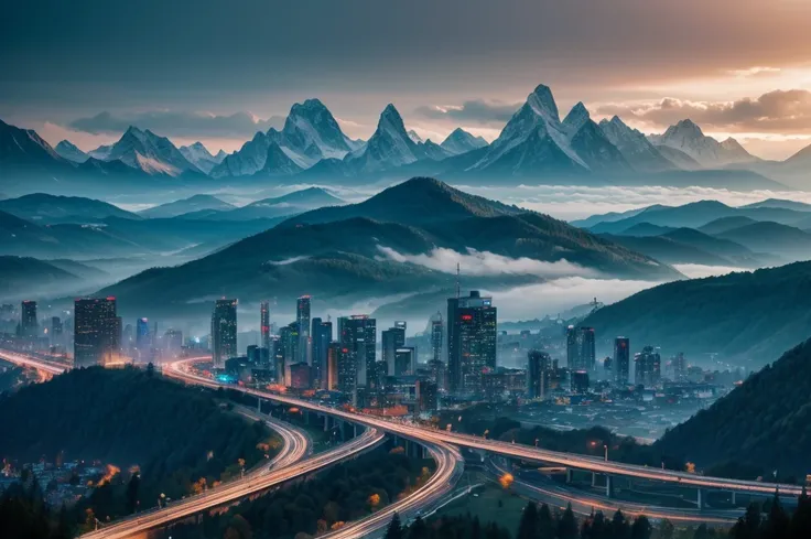 wonderfull landsape with mountains and dreaming forest, we can see a huge buildings of a cyberpunk city in far . foggy, dreaming,