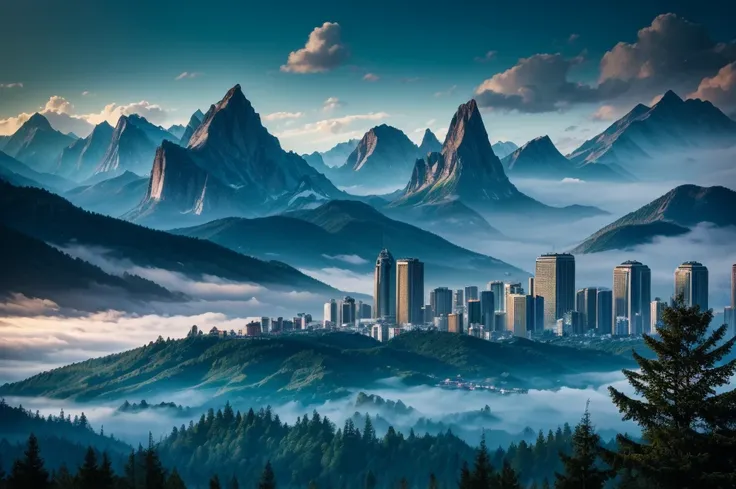 wonderfull landsape with mountains and dreaming forest, we can see a huge buildings of a cyberpunk city in far . foggy, dreaming,