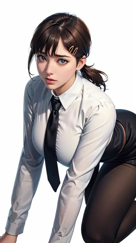 (（（Perfect body,White and tender skin,（（（black necktie, black pants, business suit, formal, long sleeves, necktie, pants, suit,,）））,（（（kobeni higashiyama, black hair, hair ornament, hairclip,  ponytail, short hair, (brown eyes:1.5),）））,((masterpiece)),high...