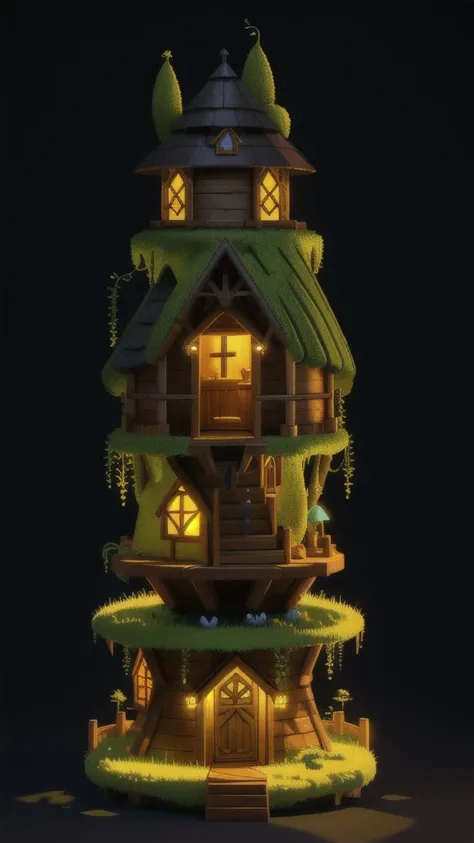 3d printable dice tower, a tall hut, fantasy, high quality, masterpiece, fairies, mushroom house, glow, light flecks, greenery, ultra detailed, extreme small details