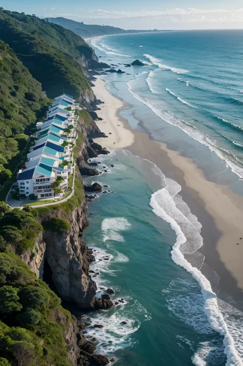 Crie uma casa de doi andares na cor verde na beira do mar ao entardecer 