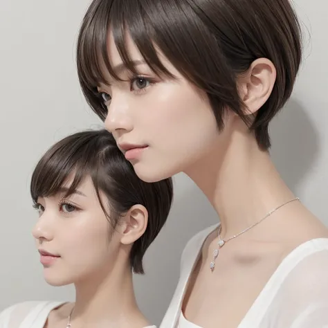 (short-hair:1.6)、(clean, Short hair:1.5)、Ear hook short、(Non-bouncing neckline:1.2)、The upper part of the body、 (1 Japan Woman:1.2)、With bangs、(tight shorthair:1.2)、hiquality、realphoto、(Shooting with iPhone 14 pro:1.1)、（(Plain light grey walls))、Photos tha...