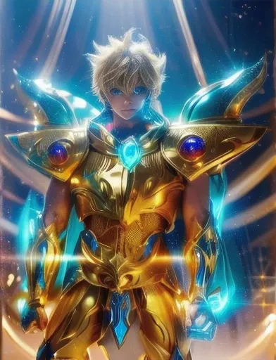 1.boy, saint seiya armor, blue and golden, beautiful light effects, vibrant colors, beautiful armor decourations, uhd, masterpie...