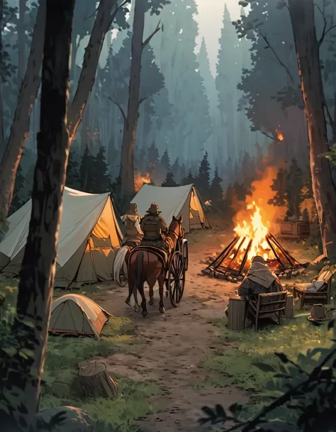 There was an iron cage in the middle of a dense forest. Around it, a group of bandits were camping with tents, a burning campfire, and a horse-drawn carriage parked nearby.