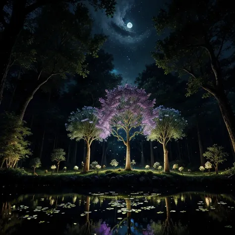 Draw a magical forest under the moonlight, tall trees with glowing vines and flowers, magical creatures (glowing butterflies, fairies), magical pond with crystal clear water, reflective moonlight