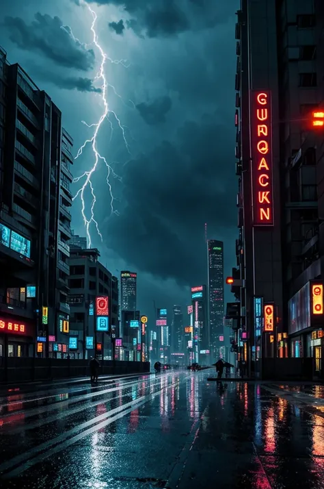 Generates a rainy cyberpunk scenario with lightning
