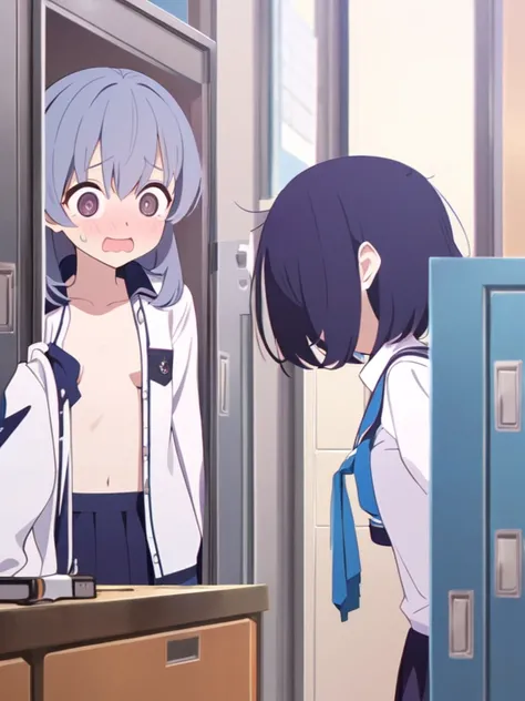 A girl wearing a uniform、In the locker room、Blue Hair、Small breasts、Taking clothes out of the locker、Surprised