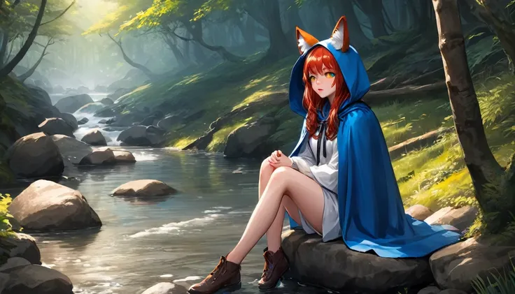 8k, highest quality, (Realistic:1.4), RAW Photos, One girl, Redhead, Animal ears, Blue hooded cape, Ears sticking out, Pause: Sitting on a rock in a forest river, Yellow Eyes,  -