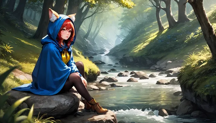 8k, highest quality, (Realistic:1.4), RAW Photos, One girl, Redhead, Animal ears, Blue hooded cape, Ears sticking out, Pause: Sitting on a rock in a forest river, Yellow Eyes,  -