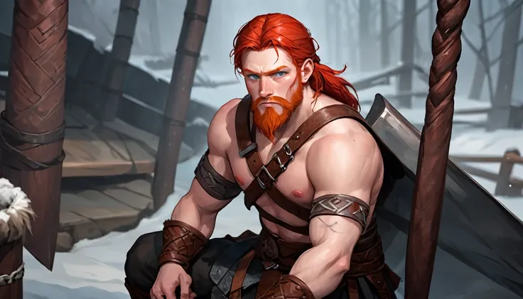 Redhead man, Skin scars, Viking, Viking clothing, strong, Muscular, Serious expression, RPG Art Style, Fantasy art style