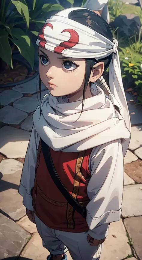   Detailed face Looking at viewer emotionless eyess emotionless expressionless Beautiful kid face quality clothing  Extremely beautiful cute kid 7year old kid kid body extremely detailed clothing expensive cowl bandana on forehead profile image full body i...