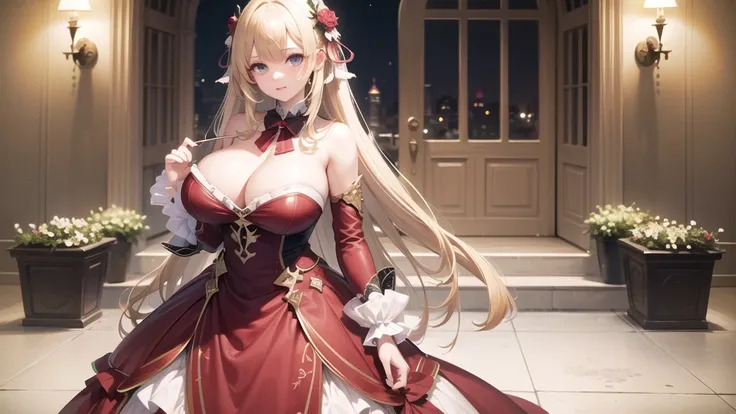 (((masterpiece, best quality))), (((superior quality))), cute girl, ((extremely detailed girl)), ((huge breasts)), (fancy noble dress), strapless top, twin-tail blonde, cleavage