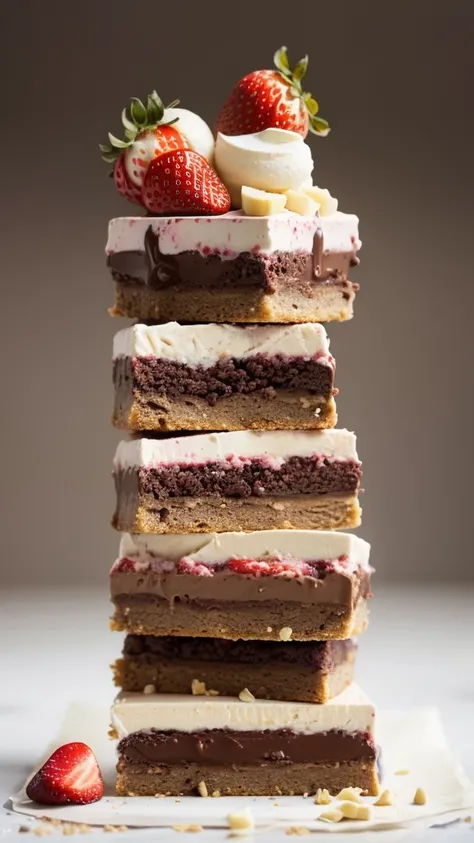 "Imagine a gallery of varied desserts: chocolate, strawberry, and banana, each more wonderful than the last. Picture these delights against a completely white background, ready to capture their details and textures perfectly. Describe each dessert in vivid...