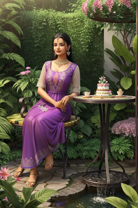 A 3D illustration of Rekha enjoying a serene morning in a lush garden, surrounded by colorful flowers and butterflies, with a gentle stream flowing by. Shes seated at a wrought iron table, sipping tea from a delicate cup, with a small birthday cake that re...