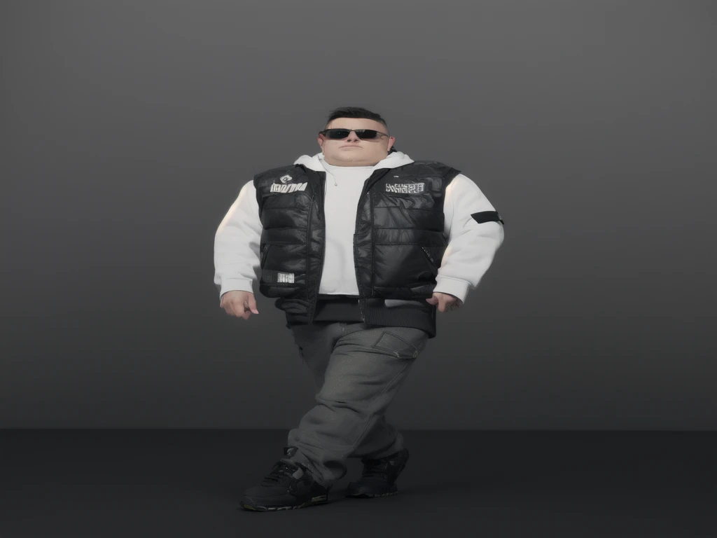 young man in black vest and sunglasses standing in studio, with rock island hoodie, outfit: white hoodie with black vest, full body photo very detailed, model wearing Caspian Motorcycle Club vest, highly detailed character, 3d rendering of jerma 9 8 5, bad...