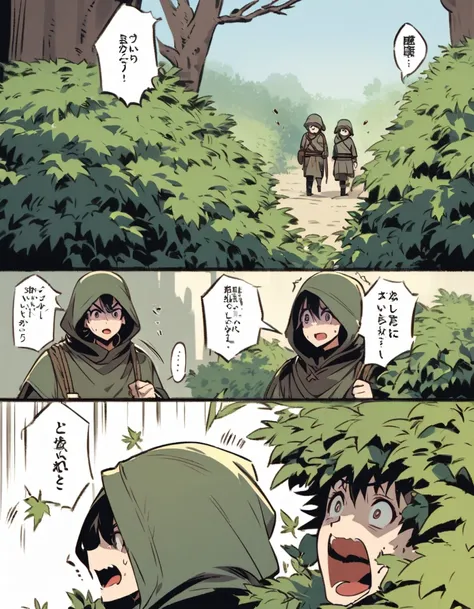 Suddenly, there is a sound coming from the bushes near the bandits camp. Some bandits look surprised and turn their attention to the source of the sound with wary expressions. The leaves and branches of the bushes are shaking as if something is approaching...