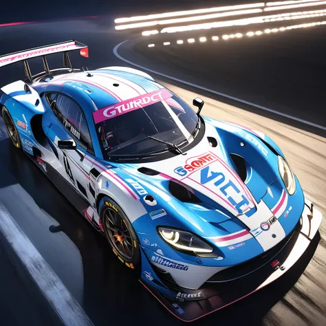 High resolution digital CG concept art,A racing car running on the Sarthe circuit at night.The racing car is a pink and white closed body GT machine.Illuminating the darkness with a front light that emits a strong light,Numerous sponsor logos on the body a...