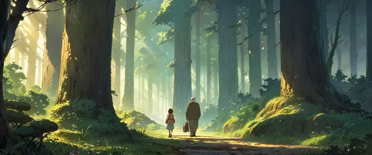 ghibli, far back view, girl, grandpa, forest, ultra detailed, official art, masterpiece, illustration
