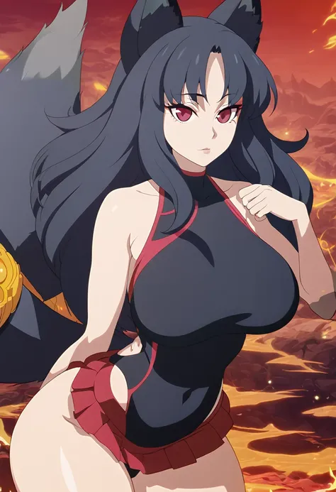 a beautiful detailed black kitsune girl, long black kitsune ears, multiple black kitsune tails, black and red one piece swimsuit, 8k, anime style, red eyes, big breasts, extremely detailed eyes and face, ultra-detailed, 4k, high quality, vibrant colors, lo...