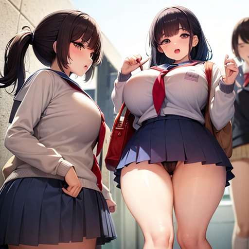 ((((mesugaki, Primary school students)))), (((gigantic breasts, hyperass, hyperthighs))), ((3girls, triplefellatio, 1boy, penis, Holding photo ID in hand)), ((school bag)),  ((High resolution、Masterpiece、high resolution、Detailed depiction、nsfw)), (shiny sk...