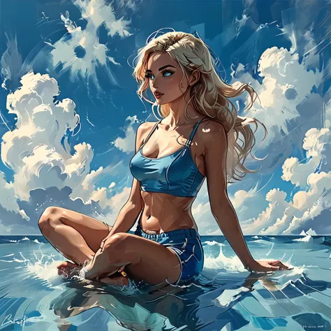 
((side view)), girl sitting on the surface of the water against the background of clouds, open mouth, surprise,
 sitting on the water, side view girl sits in the lotus position, cloud, sea line, only water and clouds,
girl in blue Half top wrestler and bl...