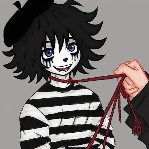 boy mime, shirt grunge, sketchy lines, messy hair, black hair, wearing a beret,happy, has mime makeup on, wearing a mime outfit, dark blue eyes, performing on the streets of paris, miming pulling a rope