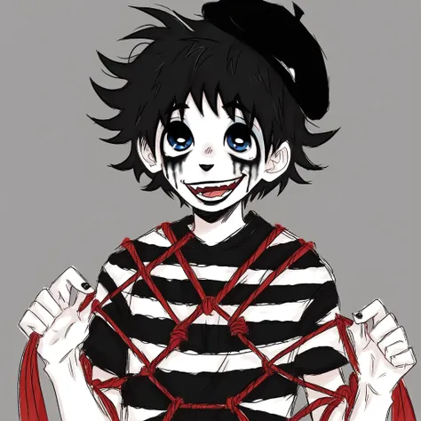 boy mime, shirt grunge, sketchy lines, messy hair, black hair, wearing a beret,happy, has mime makeup on, wearing a mime outfit,...