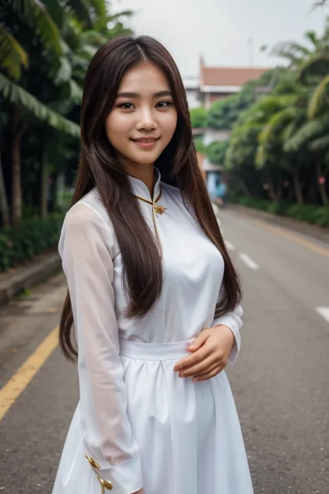 hyperrealistic photo of long-haired woman posing for a photo, thai girl photo, by Abidin Dino, tumblr, ao dai, very beautiful face, beautiful smile, adorable sweet eyes, realistic:1.1