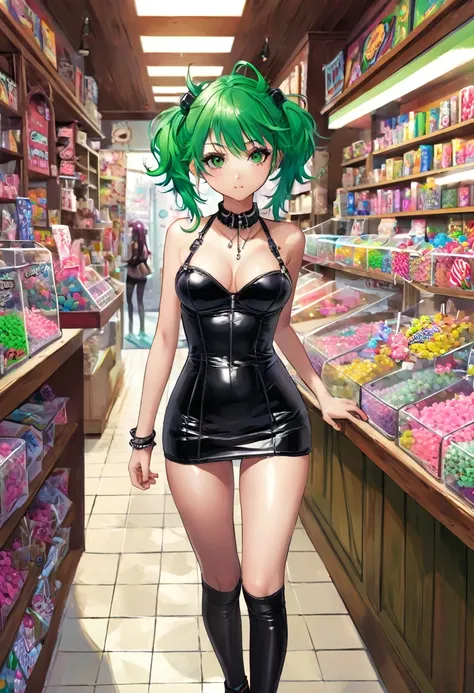 masterpiece, best quality, a green haired girl in the middle of a small candy store, sexy, punk look, tight leather dress, pronounced nipples, anime, high quality
