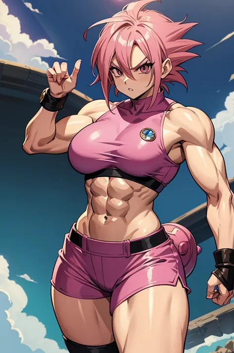 dragon ball anime style character, akira toriyama art style, woman, pink hair, pink eyes, furious, fighting stance, abs, muscular female, biceps, female saiyan armor, thighs