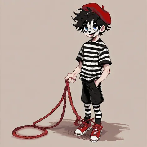 boy mime, shirt grunge, sketchy lines, messy hair, black hair, wearing a beret, score_8_up, score_9_up,happy, has mime makeup on, wearing a mime outfit, dark blue eyes, performing on the streets of paris, miming pulling a rope, showing full body