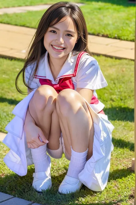 (realistic, photo realistic:1.2), ((best quality)), Move your center of gravity back, pretty embarrassing, white panties, (show panties:1.4),tight skirts, (upskirt:1.3), (pull up skirt:1.3), (squating:1.4), heels on the ground on, slightly spread legs, cro...