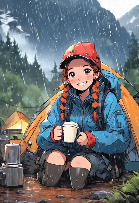  ((masterpiece)),((best quality)),((ultra-detailed)),Twin pigtails,freckles，Reliable (camping,),mountain, Drinking in a tent in the rain,coffee,smile, Heavy rain, troubled smile